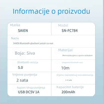 SN-FC784 Bluetooth U-oblikovana jastučić za vrat s redukcijom buke, prijenosni za putovanja i ured