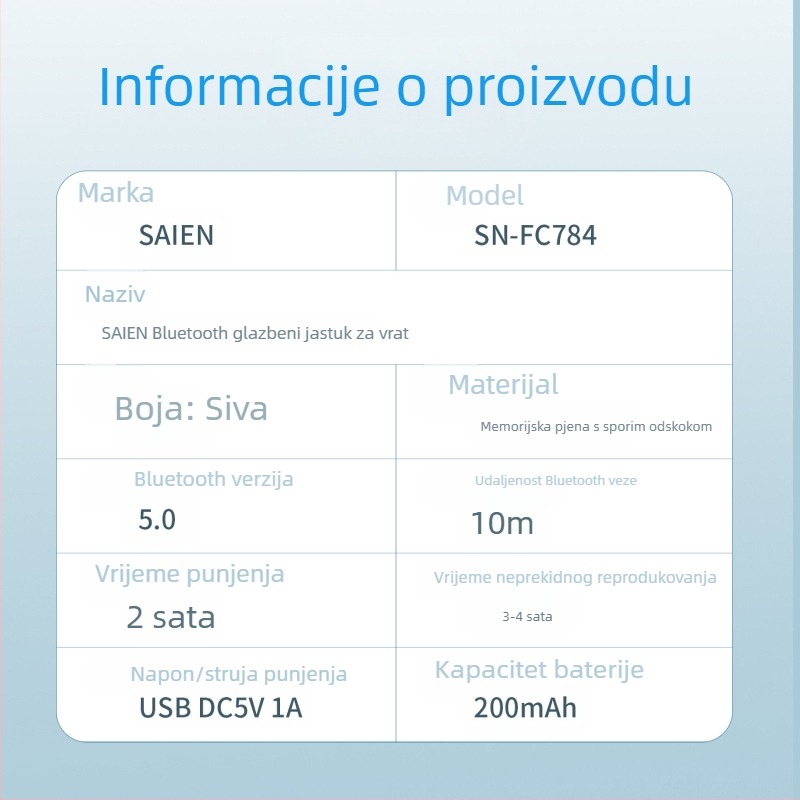 SN-FC784 Bluetooth U-oblikovana jastučić za vrat s redukcijom buke, prijenosni za putovanja i ured