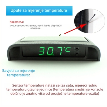 Solarni auto sat s digitalnim termometrom i higrometrom, univerzalni nosač, bez žica