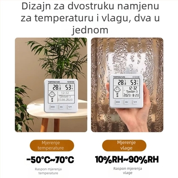Visoko precizan unutarnji termometar i higrometar s prikazom temperature i vlage, za dom i auto