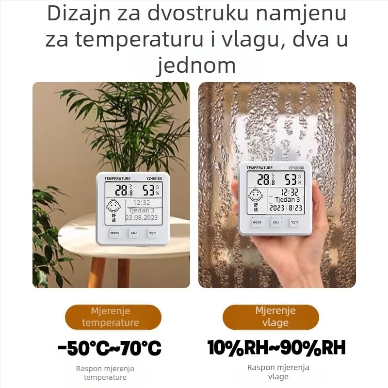 Visoko precizan unutarnji termometar i higrometar s prikazom temperature i vlage, za dom i auto
