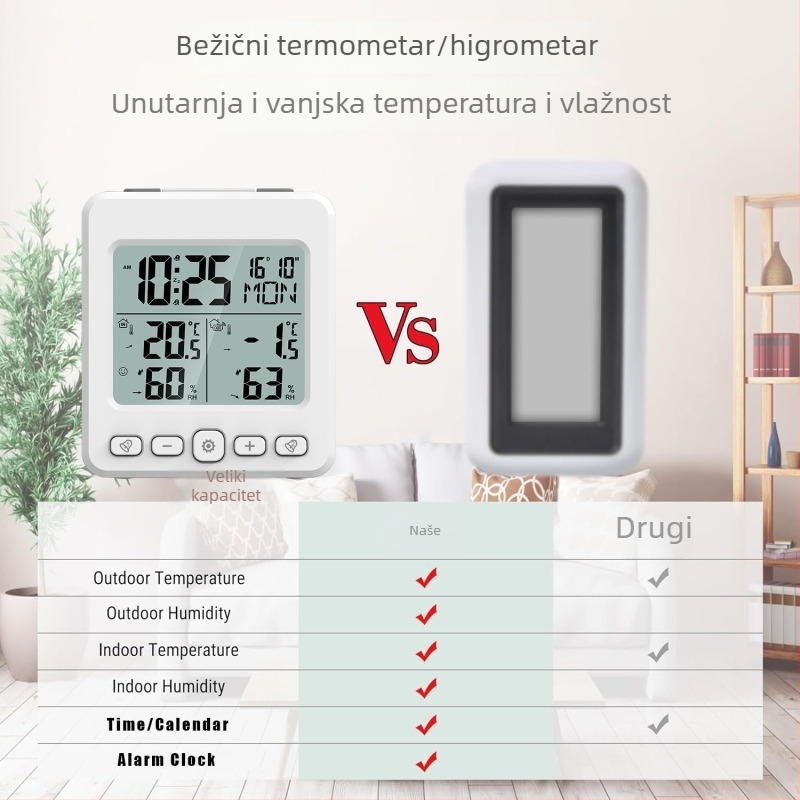 Elektronički kalendarski sat s bežičnim unutarnjim/ vanjskim senzorom temperature i vlage, vječni kalendar, brenda Yijia, napajanje AAA baterijom