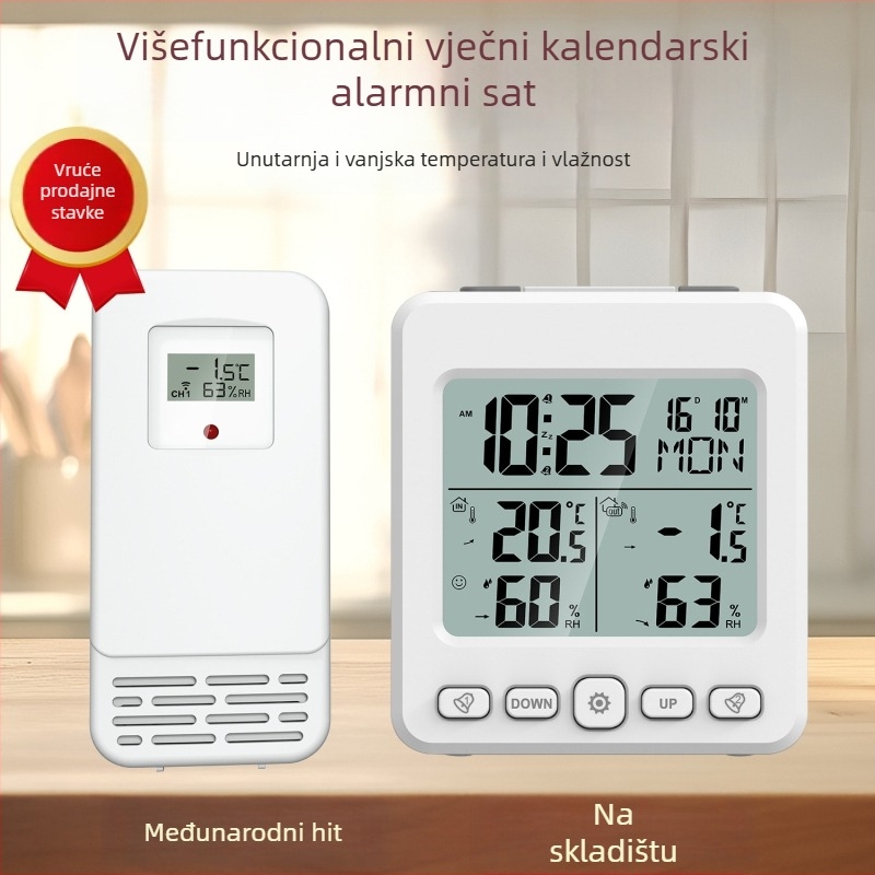 Elektronički kalendarski sat s bežičnim unutarnjim/ vanjskim senzorom temperature i vlage, vječni kalendar, brenda Yijia, napajanje AAA baterijom
