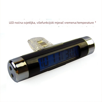 Auto sat s elektroničkim higrometrom, prikazivanje vremena i temperature, plastično kućište, podesiv kut, klips za otvor za ventilaciju