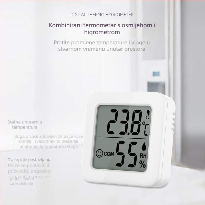 Mini mjerni uređaj temperature i vlage s osmijehom — zidna montaža, nadzor kućne okoline