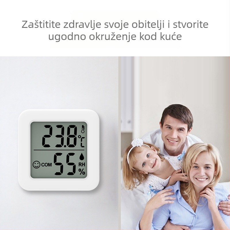 Mini mjerni uređaj temperature i vlage s osmijehom — zidna montaža, nadzor kućne okoline