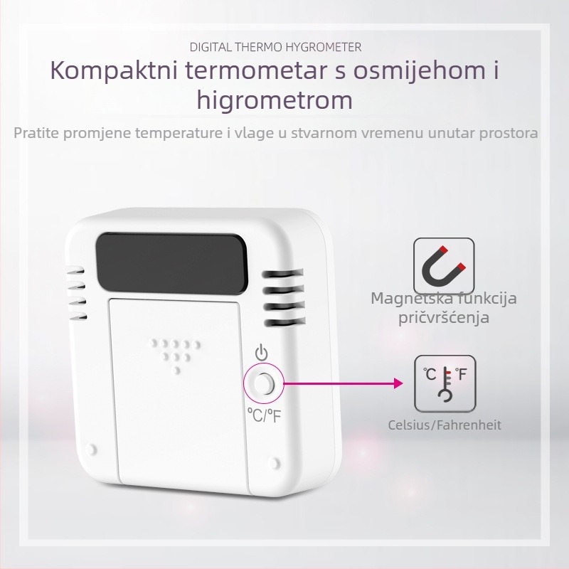 Mini mjerni uređaj temperature i vlage s osmijehom — zidna montaža, nadzor kućne okoline