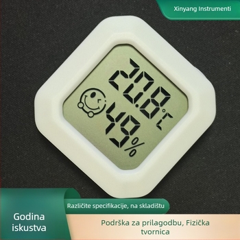 Mini zidni higrotermometar sa suhim/mokrim prikazom, sa smiješkom, napajanje baterijom, rezolucija 0.1°C, pogreška temperature ±1°C, pogreška vlažnosti ±5% RH, Xinyang, dvostrana ljepljiva traka za automobil