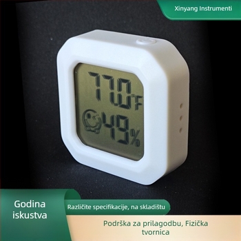 Mini zidni higrotermometar sa suhim/mokrim prikazom, sa smiješkom, napajanje baterijom, rezolucija 0.1°C, pogreška temperature ±1°C, pogreška vlažnosti ±5% RH, Xinyang, dvostrana ljepljiva traka za automobil