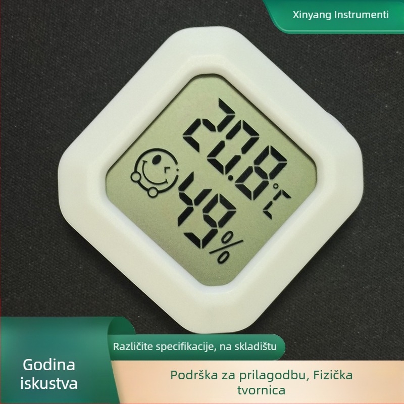 Mini zidni higrotermometar sa suhim/mokrim prikazom, sa smiješkom, napajanje baterijom, rezolucija 0.1°C, pogreška temperature ±1°C, pogreška vlažnosti ±5% RH, Xinyang, dvostrana ljepljiva traka za automobil