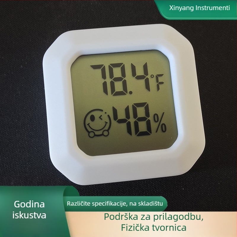 Mini zidni higrotermometar sa suhim/mokrim prikazom, sa smiješkom, napajanje baterijom, rezolucija 0.1°C, pogreška temperature ±1°C, pogreška vlažnosti ±5% RH, Xinyang, dvostrana ljepljiva traka za automobil
