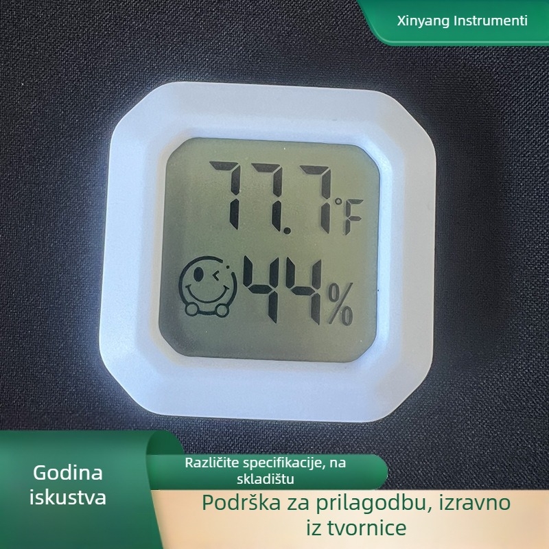 Mini zidni higrotermometar sa suhim/mokrim prikazom, sa smiješkom, napajanje baterijom, rezolucija 0.1°C, pogreška temperature ±1°C, pogreška vlažnosti ±5% RH, Xinyang, dvostrana ljepljiva traka za automobil