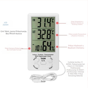 TA298 Unutarnji/Vanjski digitalni mjerač temperature i vlage s velikim zaslonom, dvostruko očitanje temperature
