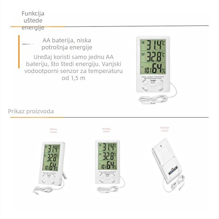 TA298 Unutarnji/Vanjski digitalni mjerač temperature i vlage s velikim zaslonom, dvostruko očitanje temperature