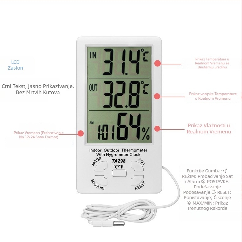 TA298 Unutarnji/Vanjski digitalni mjerač temperature i vlage s velikim zaslonom, dvostruko očitanje temperature