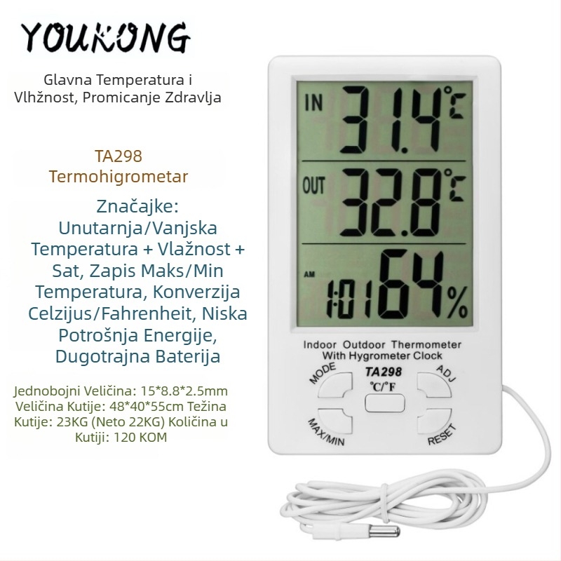 TA298 Unutarnji/Vanjski digitalni mjerač temperature i vlage s velikim zaslonom, dvostruko očitanje temperature