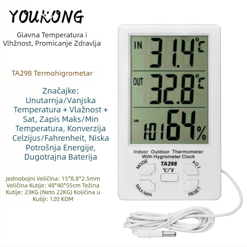 TA298 Unutarnji/Vanjski digitalni mjerač temperature i vlage s velikim zaslonom, dvostruko očitanje temperature