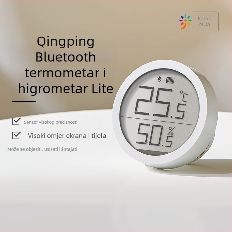 Qingping Bluetooth termometar i higrometar Lite – visoko precizan senzor za unutarnje okruženje s e-ink zaslonom, model CGDK2, 1,5V gumb baterija.