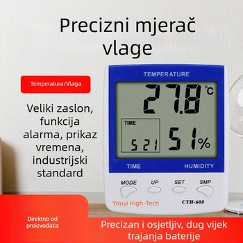 Uyigao CTH608 Unutarnji digitalni higrometar s velikim zaslonom i elektroničkim satom – visoka preciznost mjerenja temperature i vlage