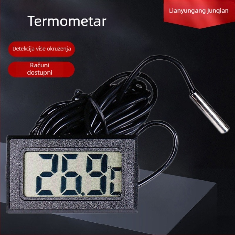 Digitalni termometar s LCD zaslonom i sondom za auto, akvarij, ribnjak i hladnjak — raspon -50 do +110, mjerenje 0-50, baterija 1,5V