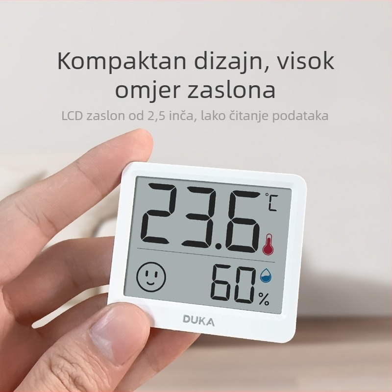 Duke digitalni termometar s prikazom vlage za kućno okruženje — unutarnje/vanjsko, samoljepljiv ili na postolju
