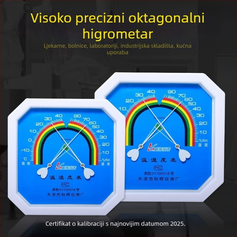 Visoko precizan osmerokutni termohigrometar s najnovijim certifikatom kalibracije za ljekarne, bolnice, industrijsko skladištenje i kućnu upotrebu