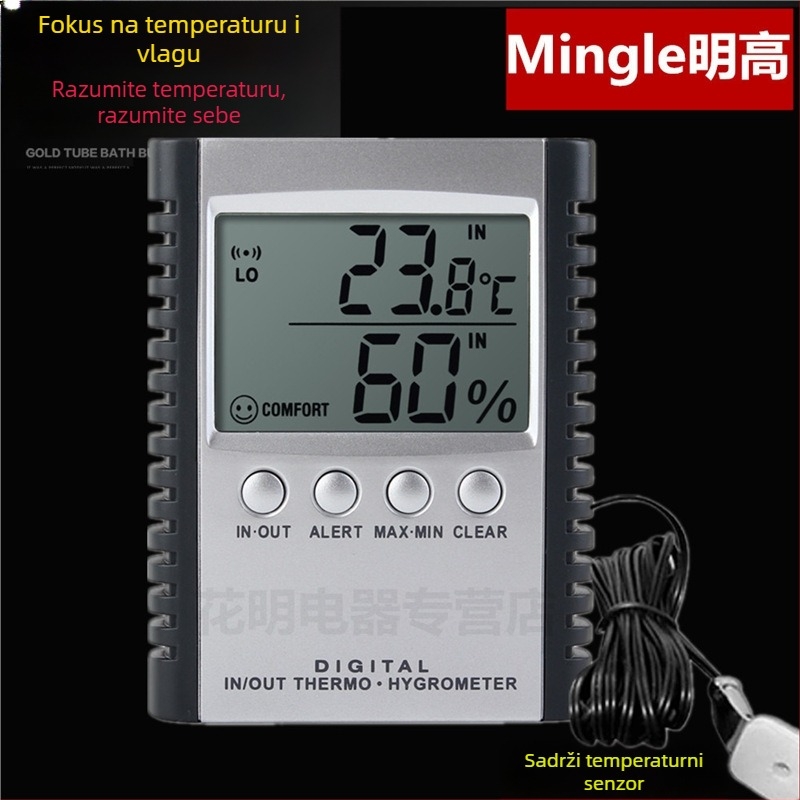 Digitalni mjerač temperature i vlage sa sondom, Minggao ETH529; unutarnja 0-50°C; vanjska -50-70°C; vlažnost 20-99%; rezolucija 0.1°C / 1%