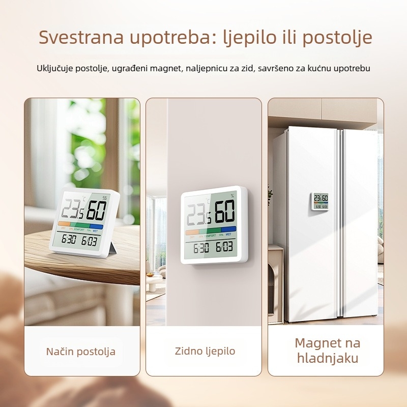 Pinsheng magnetski digitalni mjerač temperature i vlage s LED zaslonom – unutarnja upotreba, dječja soba, temperatura i vlažnost, vrijeme i datum