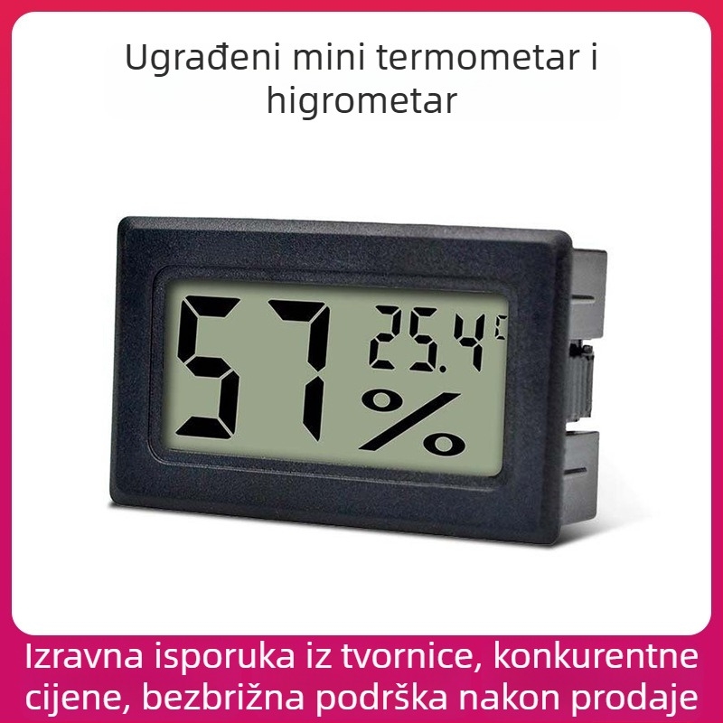Mjerac temperature i vlage s ugrađenim zaslonom i napajanjem baterijom LR44 (1,5 V); točnost temperature ±1°C, točnost vlage ±1% RH