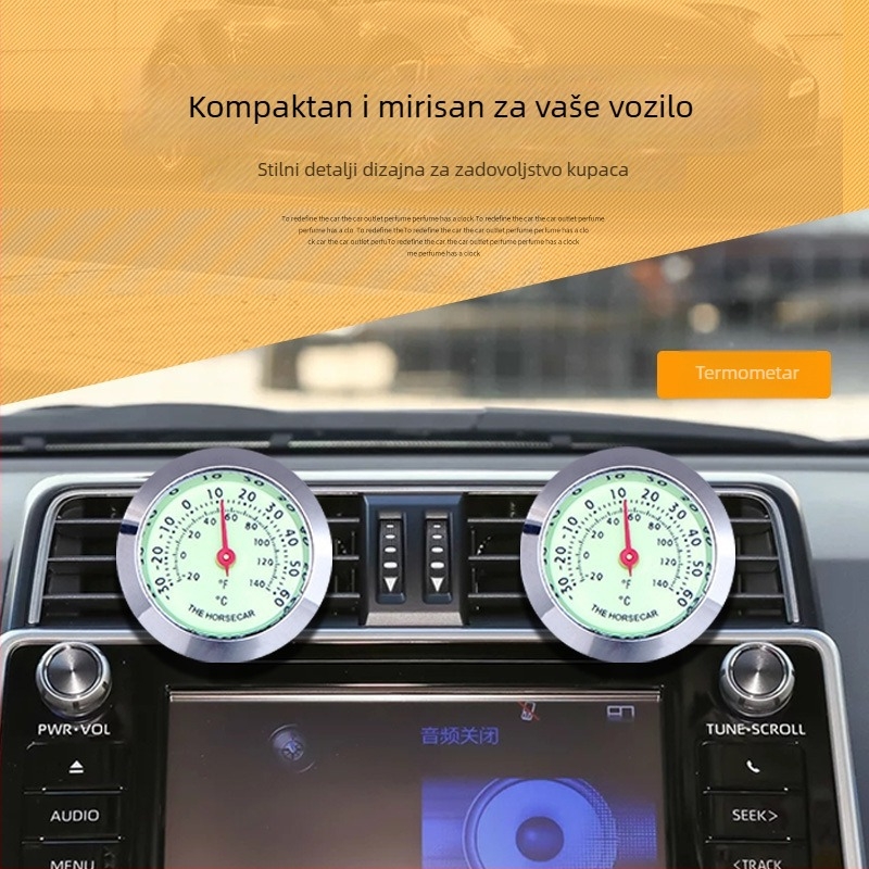 Calway automobilski sat s termometrom i higrometrom, metalno kućište, podesivi kut, biometalni termometar