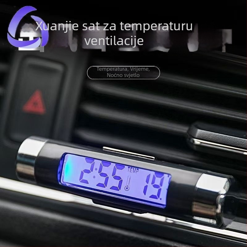 Automobilski elektronički sat s termometrom i higrometrom, osvijetljeni LCD zaslon na instrumentnoj ploči