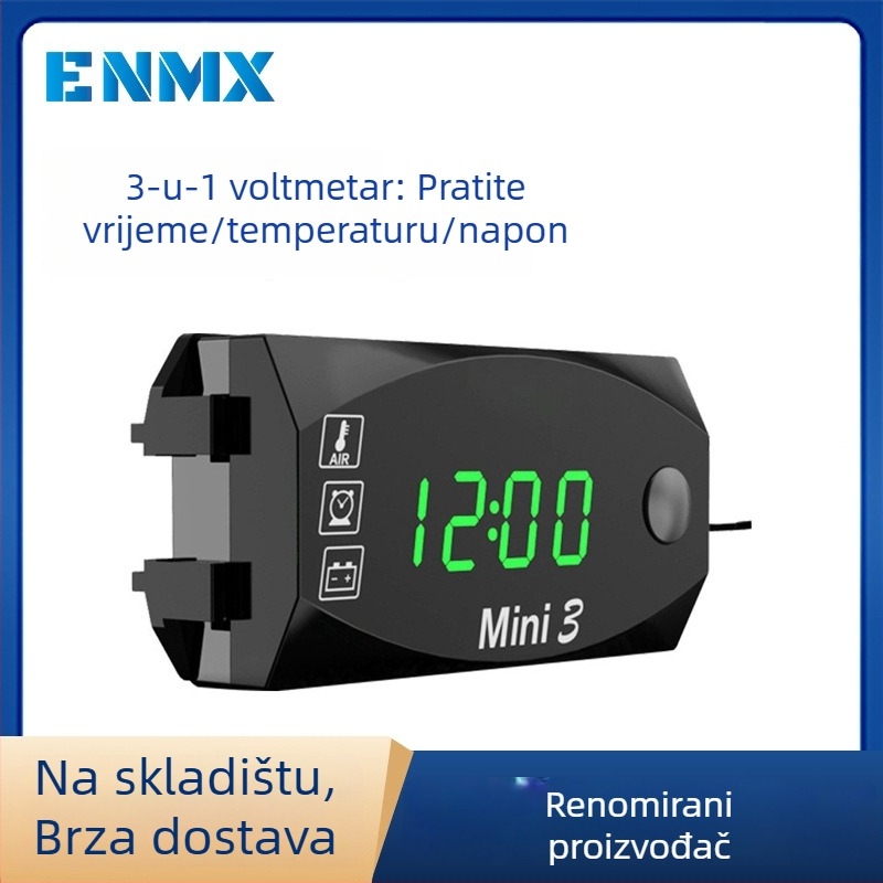 Tri u jednom za motocikl: sat, temperatura i voltmetar s digitalnim LED zaslonom, 12V