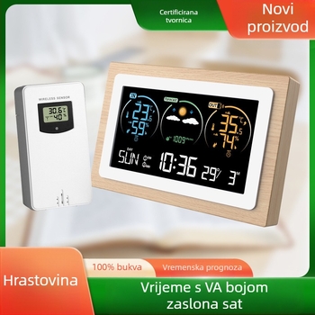 Prognoza vremena s drvenim kućištem, unutarnja/vanjska temperatura i vlaga, bežična vremenska prognoza, model FJ3399C, budilica s odgodom alarma