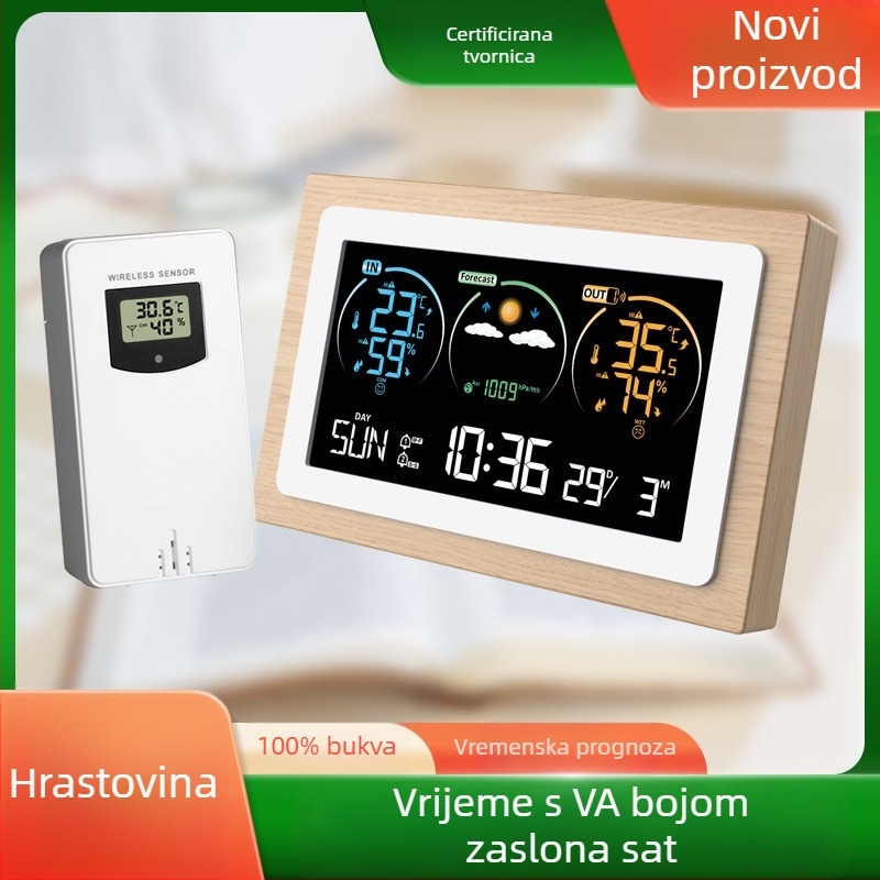 Prognoza vremena s drvenim kućištem, unutarnja/vanjska temperatura i vlaga, bežična vremenska prognoza, model FJ3399C, budilica s odgodom alarma