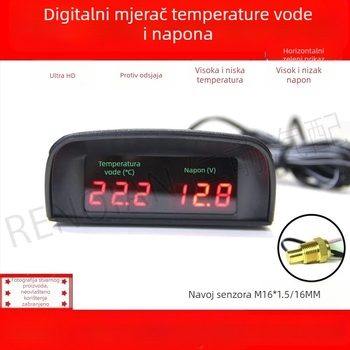 Vodoravni digitalni voltmetar i mjerač temperature vode za vozila 12V-24V