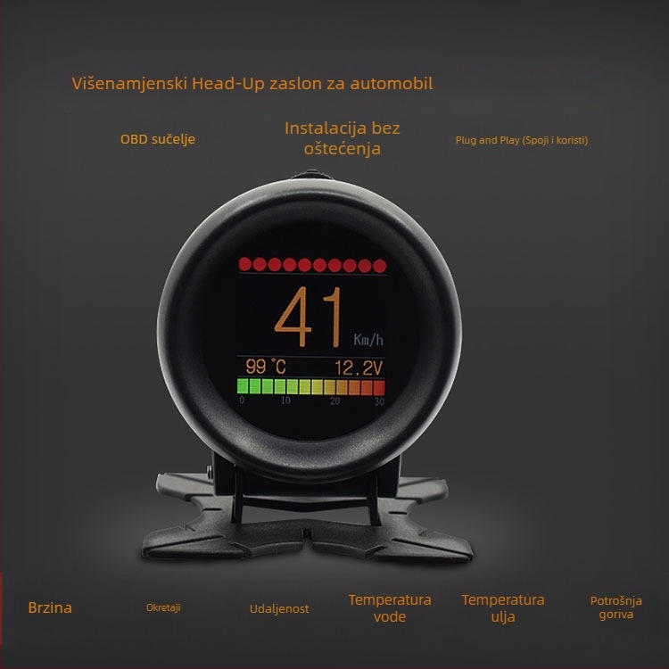 SPR HUD za automobil s OBD II, brzina, okretaji, temperatura vode, turbo mjerač, HD kružni zaslon