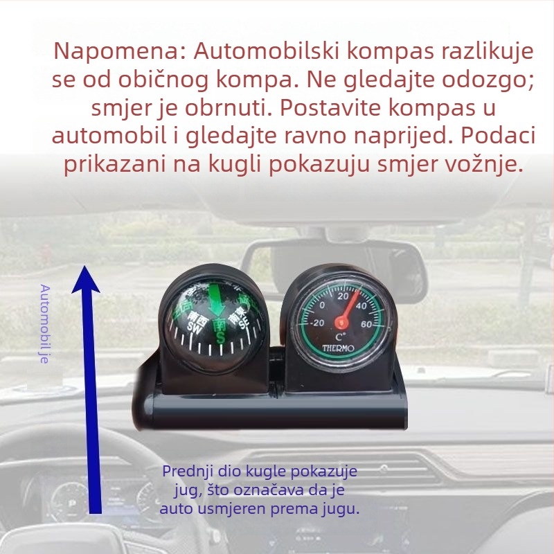 Unutarnji termometar i kompas za auto, 2-u-1, metalna konstrukcija