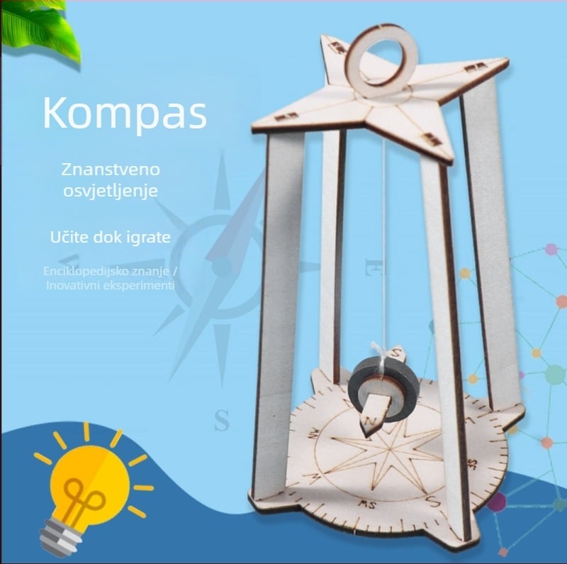Dječji drveni STEM set – slagalica, DIY kompas i fizikalni eksperimenti u torbi, uzrast 7–14 godina
