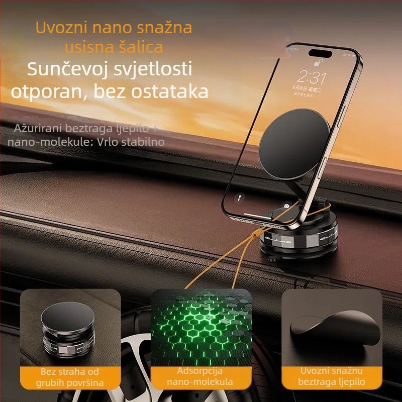 Magnetski držač za mobitel u automobilu s vakuumskom bazom — universalni aluminijski nosač, protiv vibracija