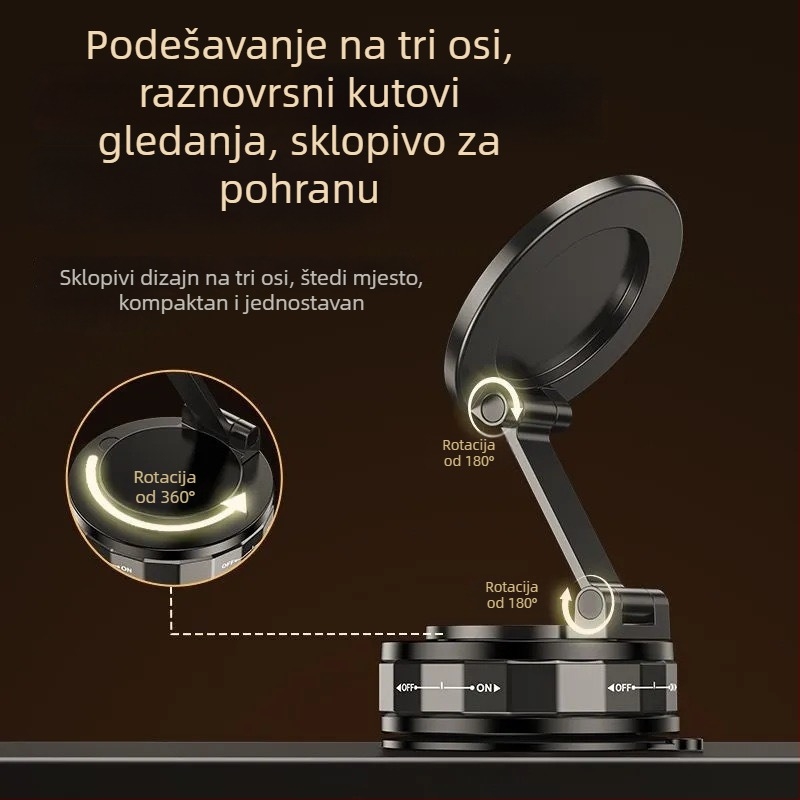 Magnetski držač za mobitel u automobilu s vakuumskom bazom — universalni aluminijski nosač, protiv vibracija