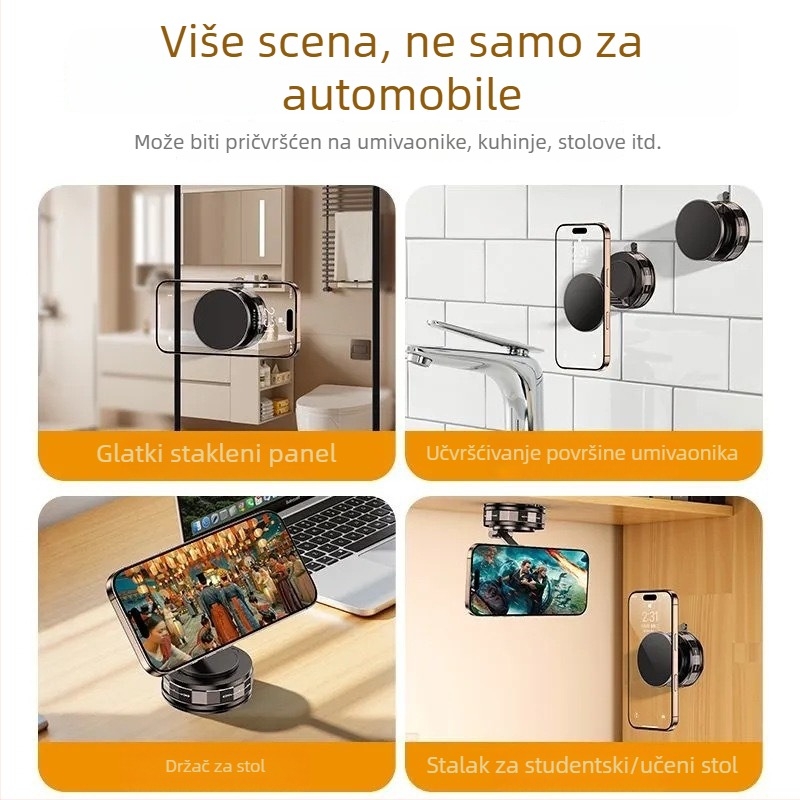 Magnetski držač za mobitel u automobilu s vakuumskom bazom — universalni aluminijski nosač, protiv vibracija
