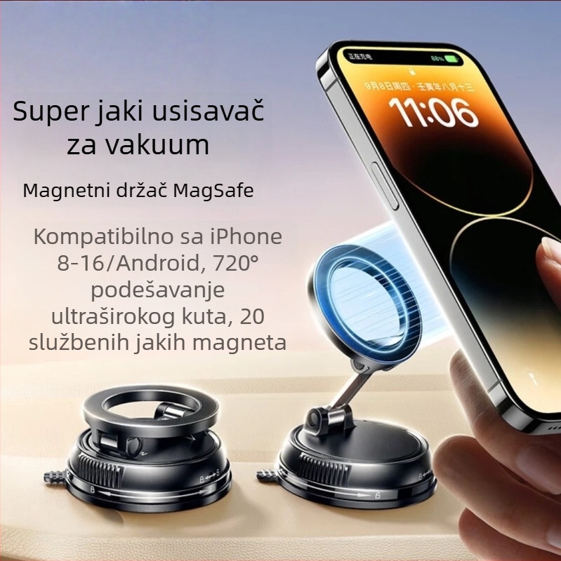 Magnetski držač mobitela u automobilu, sklopivi, rotirajući, ultra stabilan, s vakuumskim pričvršćivanjem