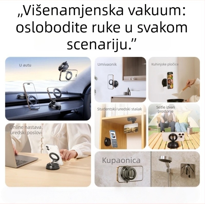 Magnetski držač mobitela u automobilu, sklopivi, rotirajući, ultra stabilan, s vakuumskim pričvršćivanjem