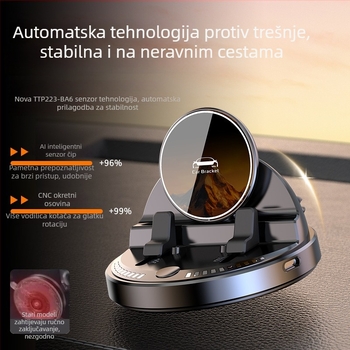 Auto držač za telefon s bežičnim punjenjem 15W, protuklizni silikon, 360° rotacija, montaža na ploču s ljepilom