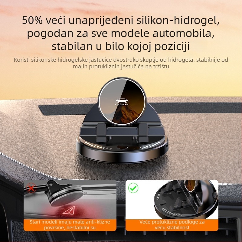 Auto držač za telefon s bežičnim punjenjem 15W, protuklizni silikon, 360° rotacija, montaža na ploču s ljepilom