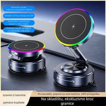 K5S magnetski držač za auto s bežičnim punjenjem, 360° rotacija, usisna čašica, 15W, univerzalno za instrument ploču