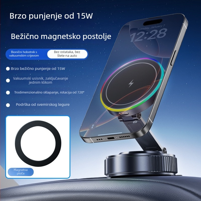 K5S magnetski držač za auto s bežičnim punjenjem, 360° rotacija, usisna čašica, 15W, univerzalno za instrument ploču