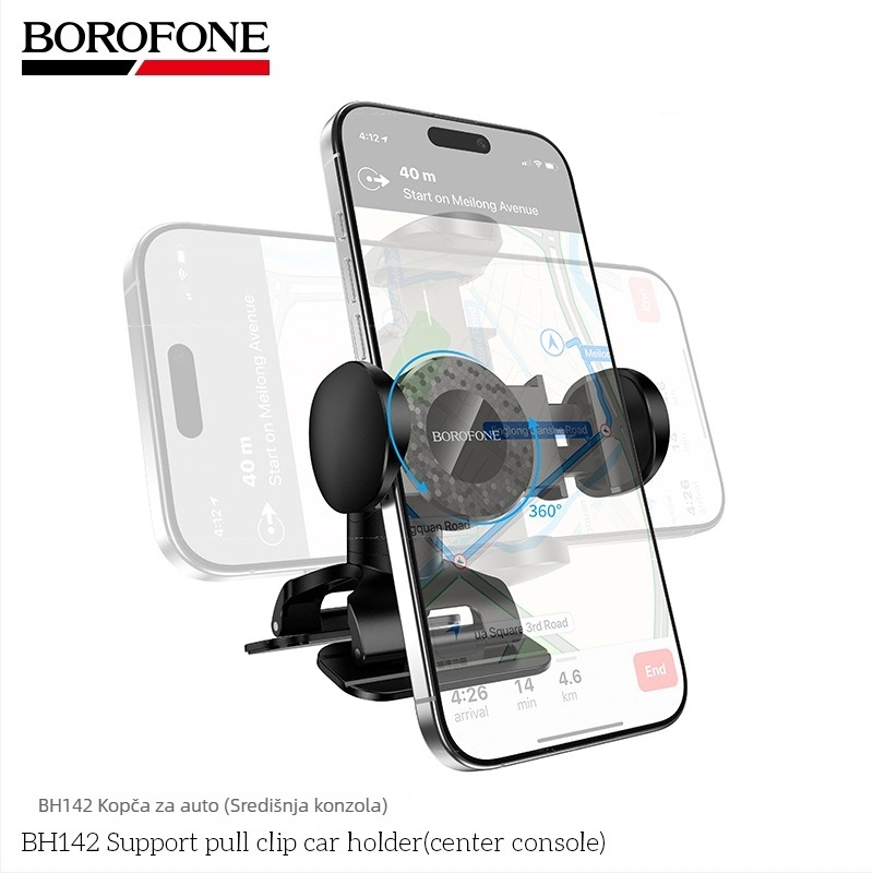 Borofone BH142 Držač za auto s vučnim klipom za središnju konzolu, protiv podrhtavanja, ABS, univerzalni