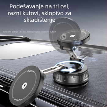 Auto držač za telefon s bežičnim punjenjem, magnetski, 15W, univerzalna kompatibilnost, montaža vakuumskom čašom