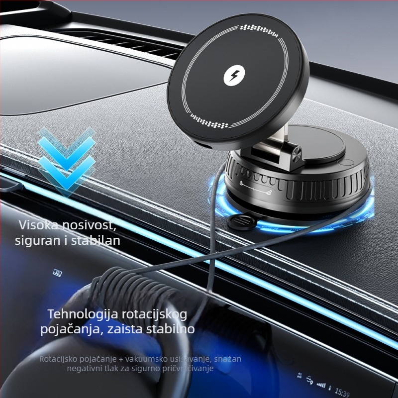 Auto držač za telefon s bežičnim punjenjem, magnetski, 15W, univerzalna kompatibilnost, montaža vakuumskom čašom